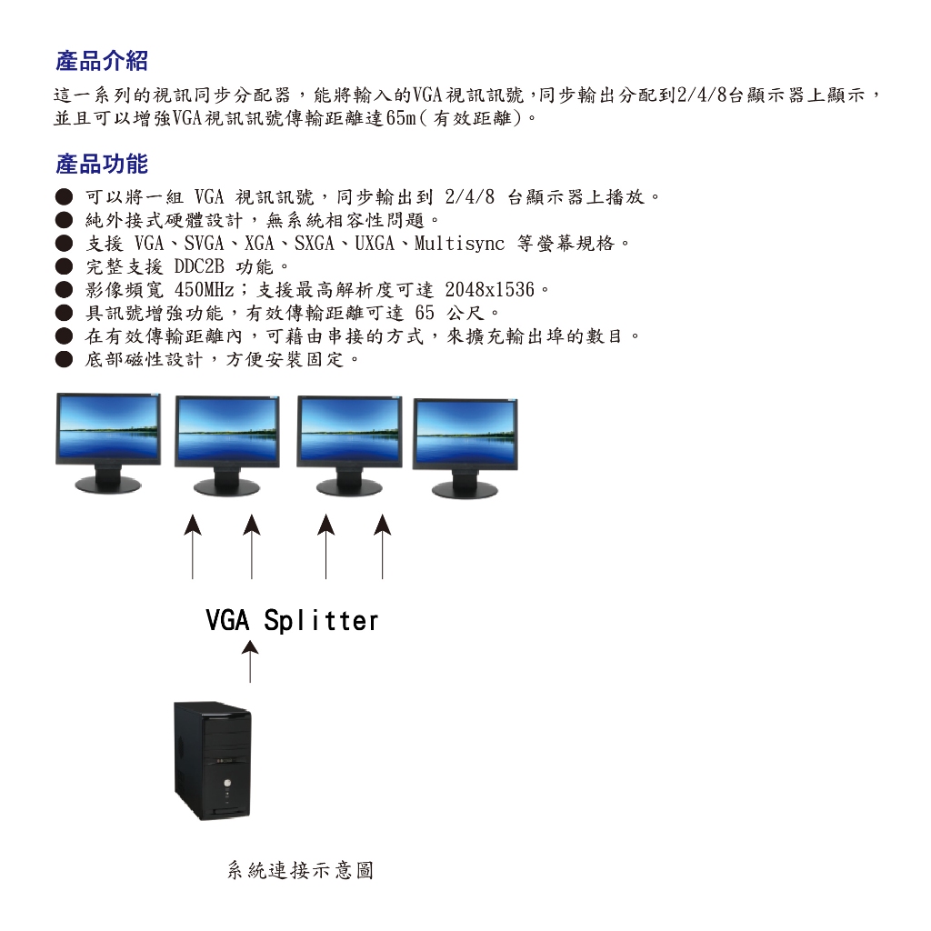 昌運監視器 HANWELL VSA-104  VGA 高頻視訊同步分配器 影像頻寬450MHz VGA1入4出, , large