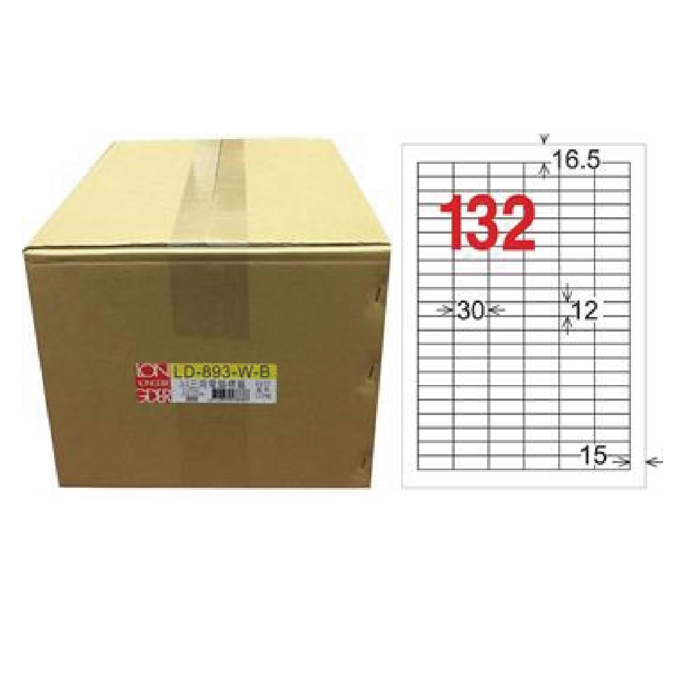 【龍德】LONGDER 三用電腦標籤 A4 132格 12*30mm白色 1000張/箱 LD-893-W-B(適用雷射、噴墨、影印), , large