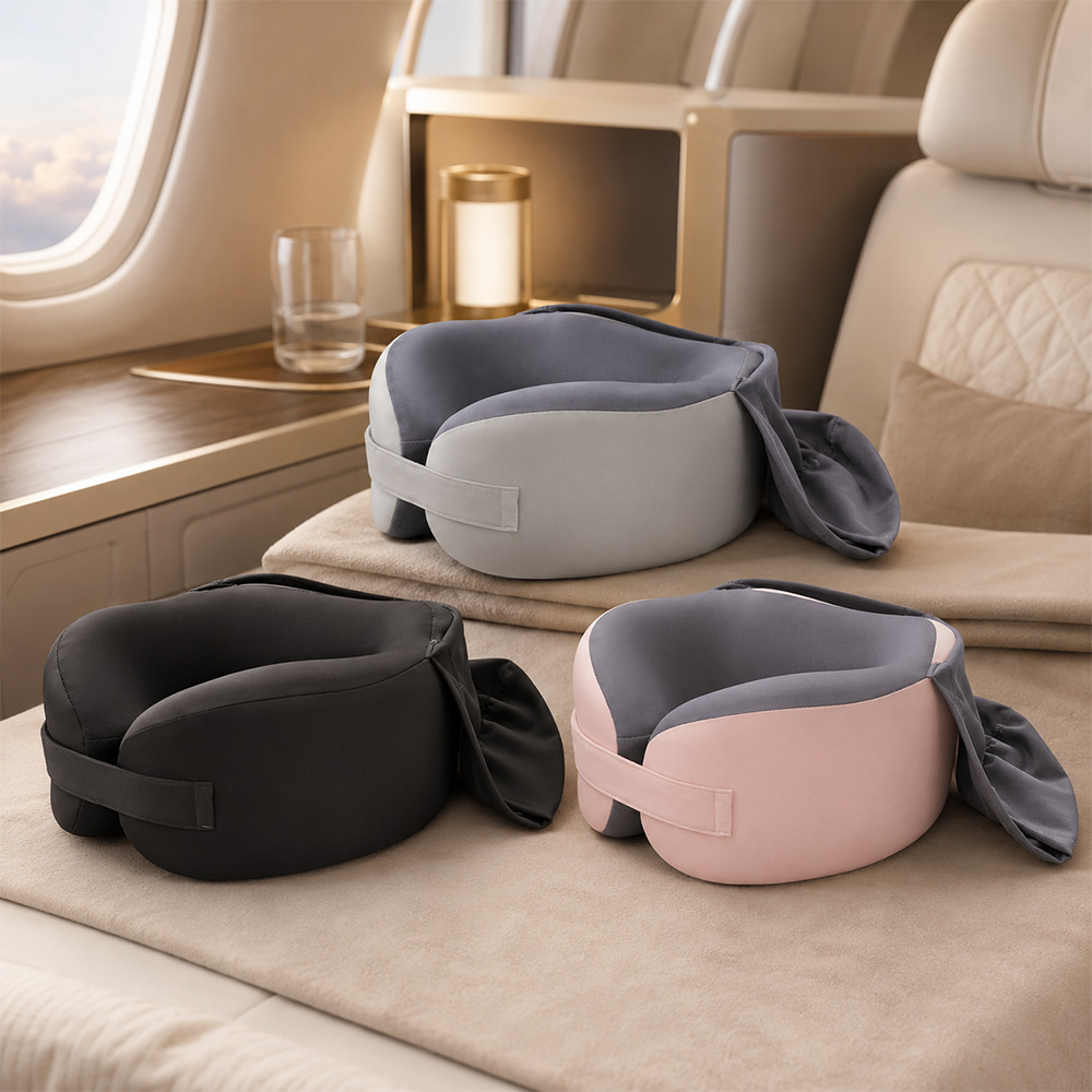 涼感冰絲 U 型飛機枕【附帽/附收納盒】飛機枕 U型枕 頸枕 涼感冰絲旅行枕 附帽 附收納盒 遮光頸枕 竹炭記憶棉 飛機, , large