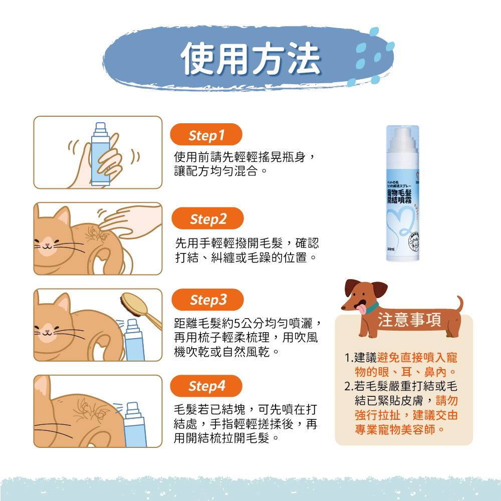【艾寵聯萌】寵物毛髮開結噴霧100ml（不打結 貓犬通用 狗洗潔膚 貓乾洗澡 寵物美容 護毛保養 順毛噴霧劑）, , large