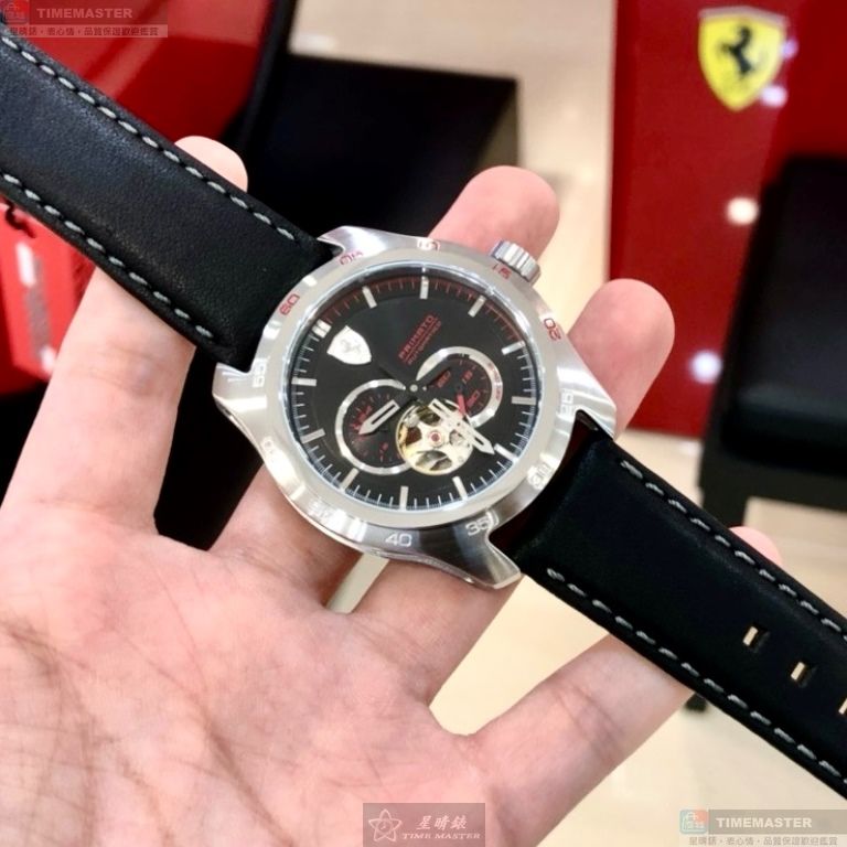 [星晴錶業]FERRARI手錶,44mm,FE00107黑色, 透視錶面銀錶殼深黑色真皮皮革錶帶款, , large