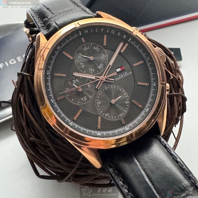[星晴錶業]TommyHilfiger手錶,44mm,TH00067鐵灰色錶面玫瑰金錶殼深黑色真皮皮革錶帶款, , large