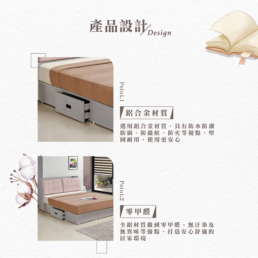 【Hampton 漢汀堡】諾尼全鋁5尺二抽床組, , large