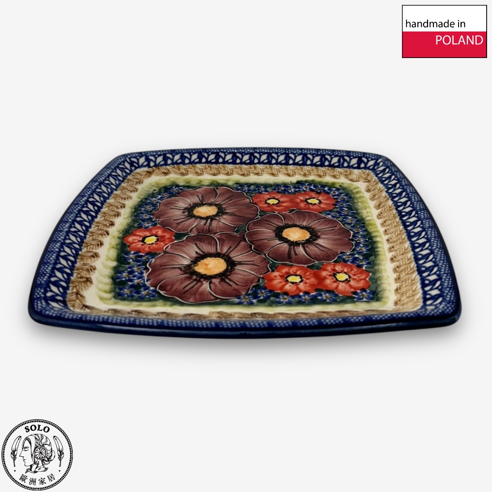 【SOLO Vintage】Cerraf Polish Pottery 19cm Square Plate Banquet of Elegant Red Series Made in Poland, , large