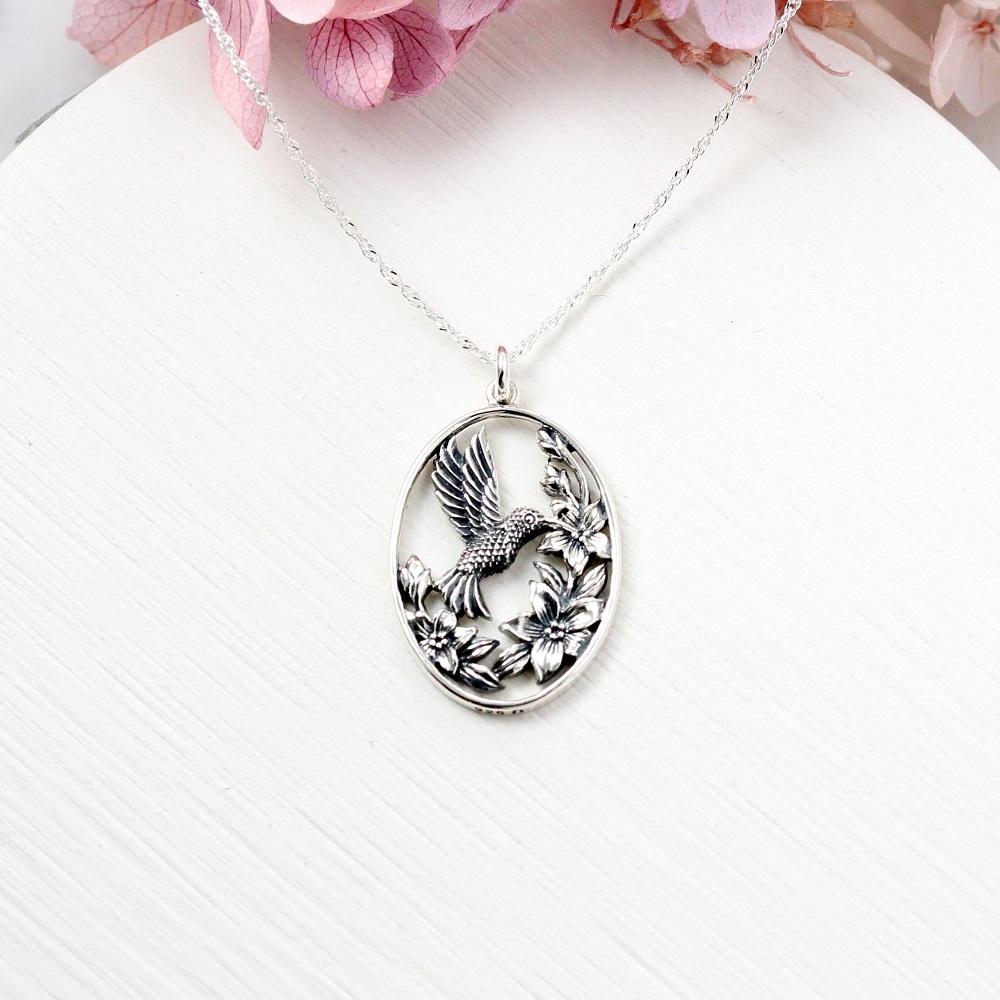 【Angel & Me】Hummingbird and Flower s925 sterling silver necklace birthday gift, , large