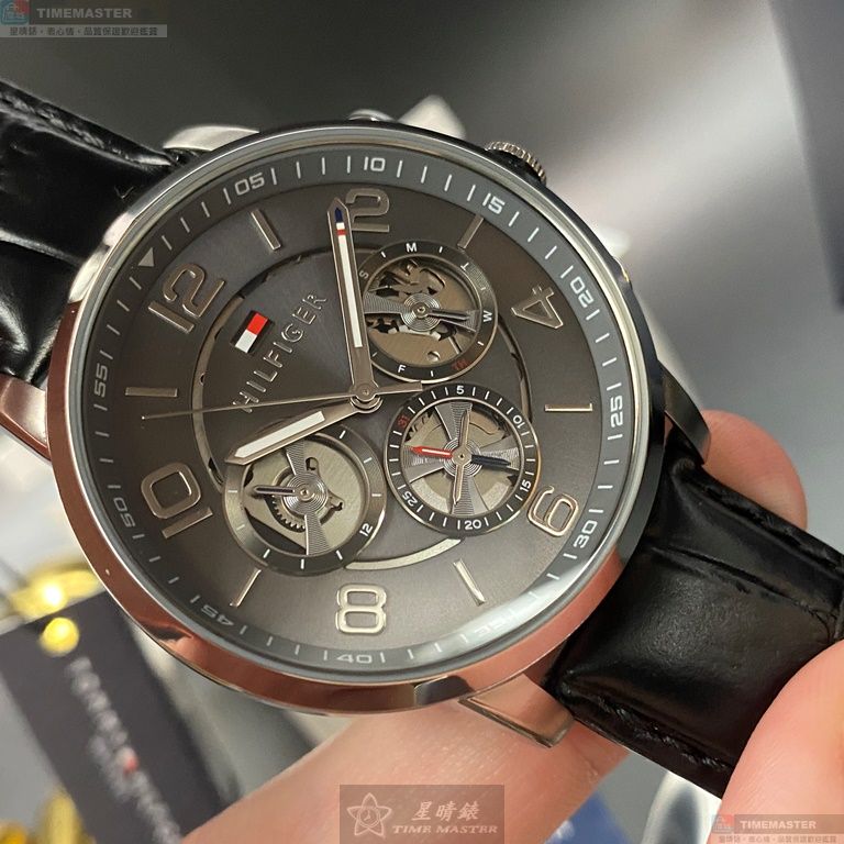 [星晴錶業]TommyHilfiger手錶,44mm,TH00011鐵灰色錶面銀錶殼深黑色真皮皮革錶帶款, , large