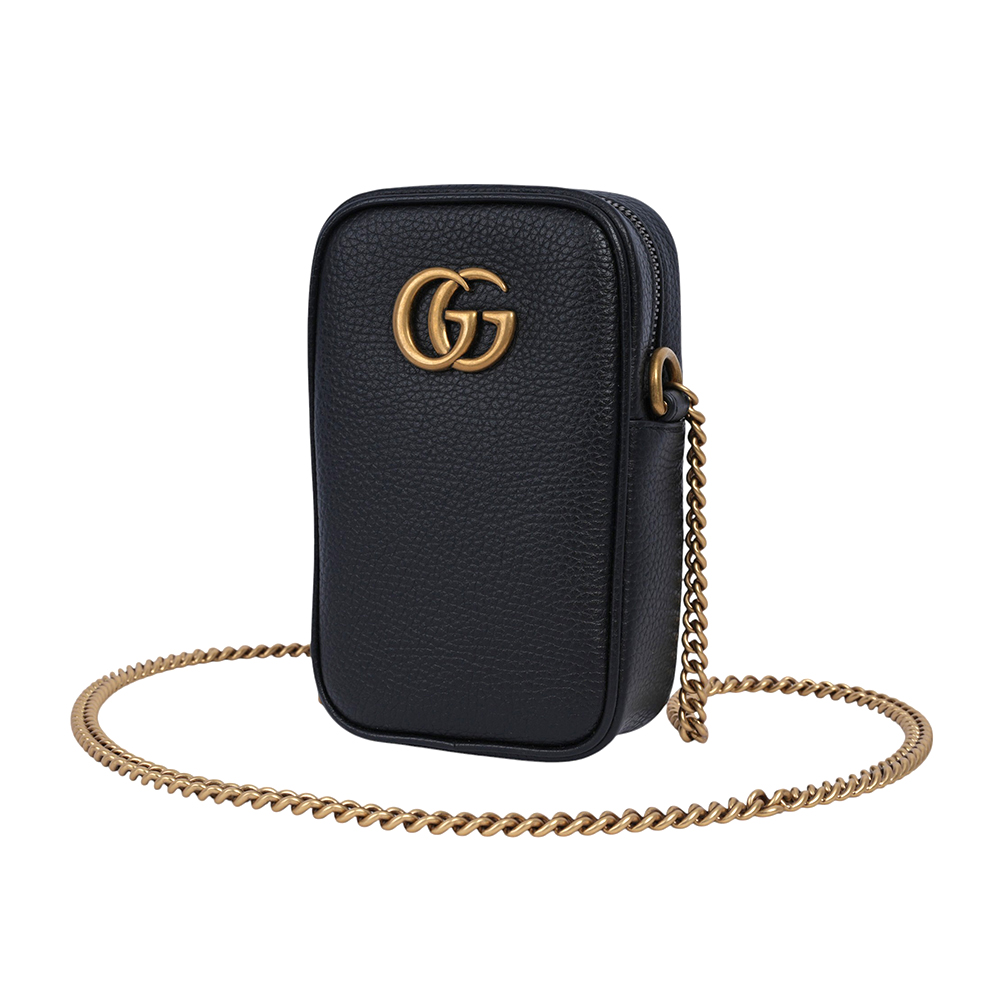 GUCCI Marmont 金色粒紋牛皮拉鍊手機包/鍊包/黑色, , large