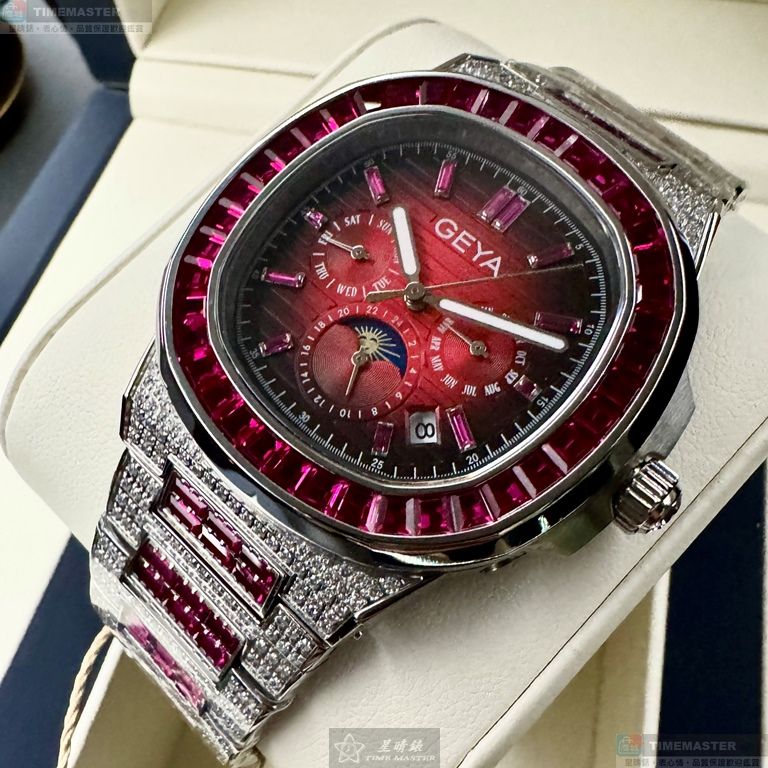 [星晴錶業]GEYA手錶,42mm,G78152GRR紅色錶面銀錶殼銀色精鋼錶帶款, , large