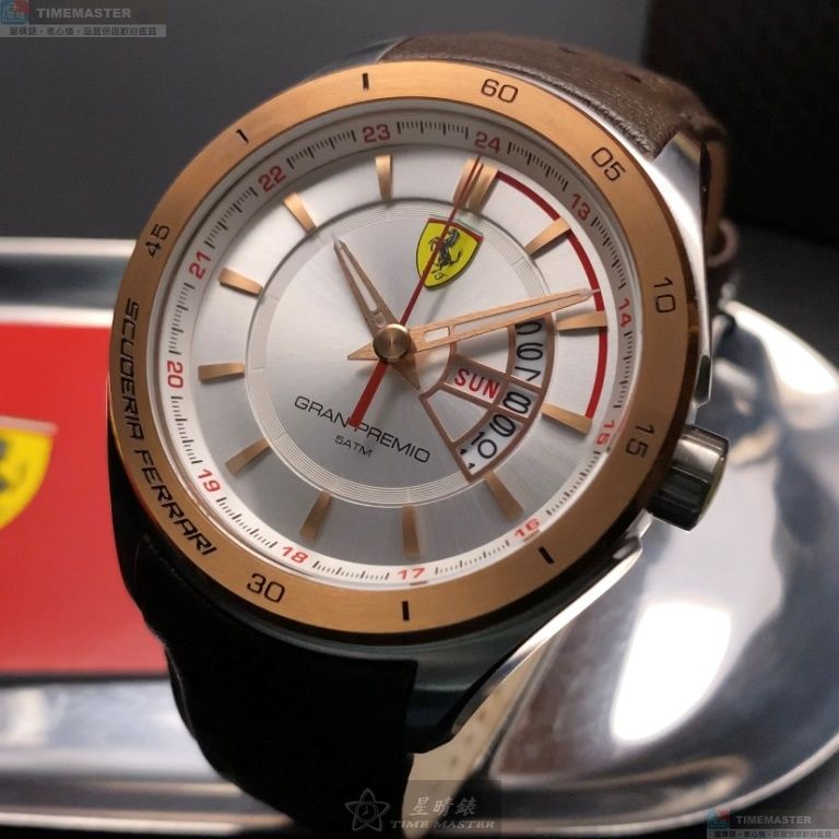 [星晴錶業]FERRARI手錶,46mm,FE00066白色錶面玫瑰金錶殼咖啡色真皮皮革錶帶款, , large