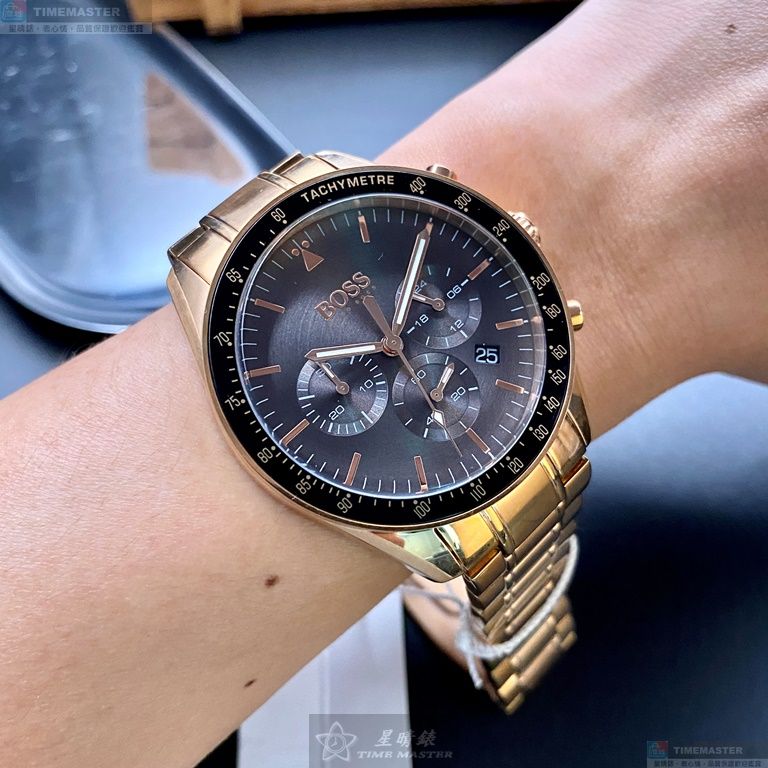 [星晴錶業]BOSS手錶,44mm,HB1513632黑色錶面玫瑰金錶殼玫瑰金色精鋼錶帶款, , large