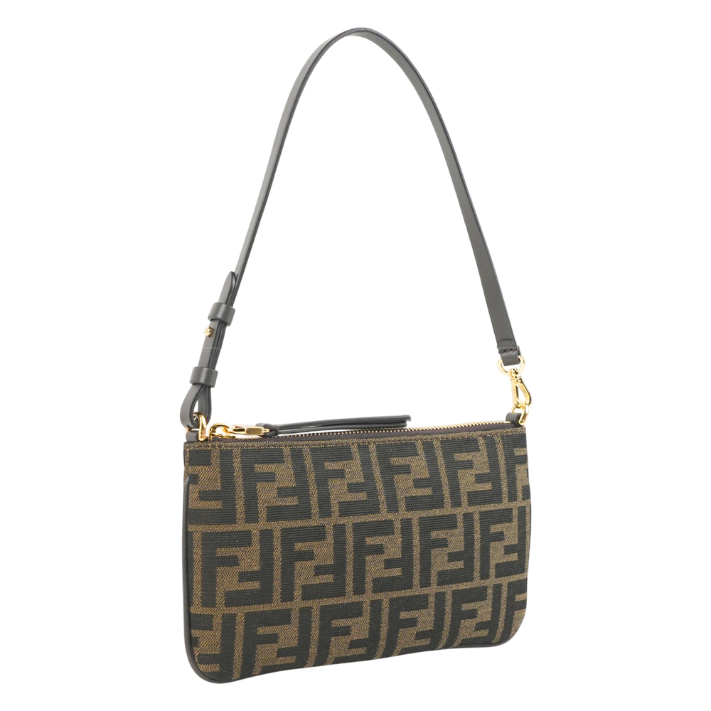 FENDI Baguette FF Logo 緹花布扁形手提包(棕色), , large