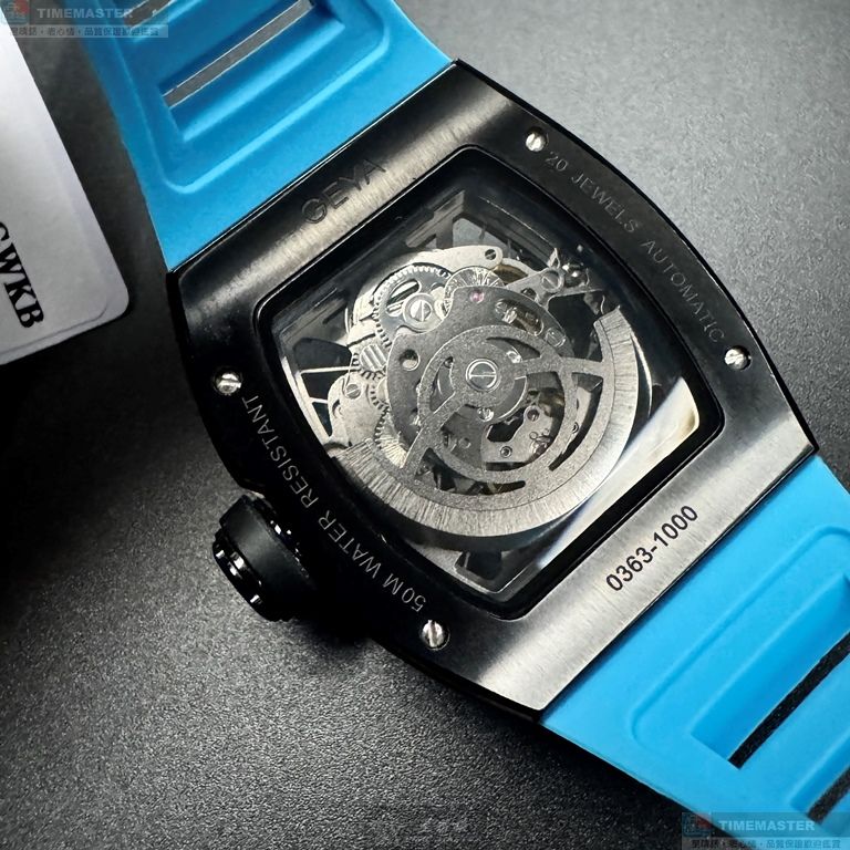 [星晴錶業]GEYA手錶,46mm, 52mm,G78208GWKB雙面機械鏤空錶面黑錶殼寶藍矽膠錶帶款, , large