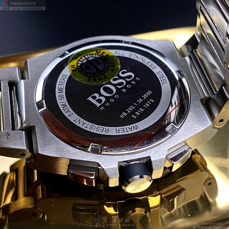 [星晴錶業]BOSS手錶,46mm,HB1513360黑色錶面黑銀錶殼銀色精鋼錶帶款, , large