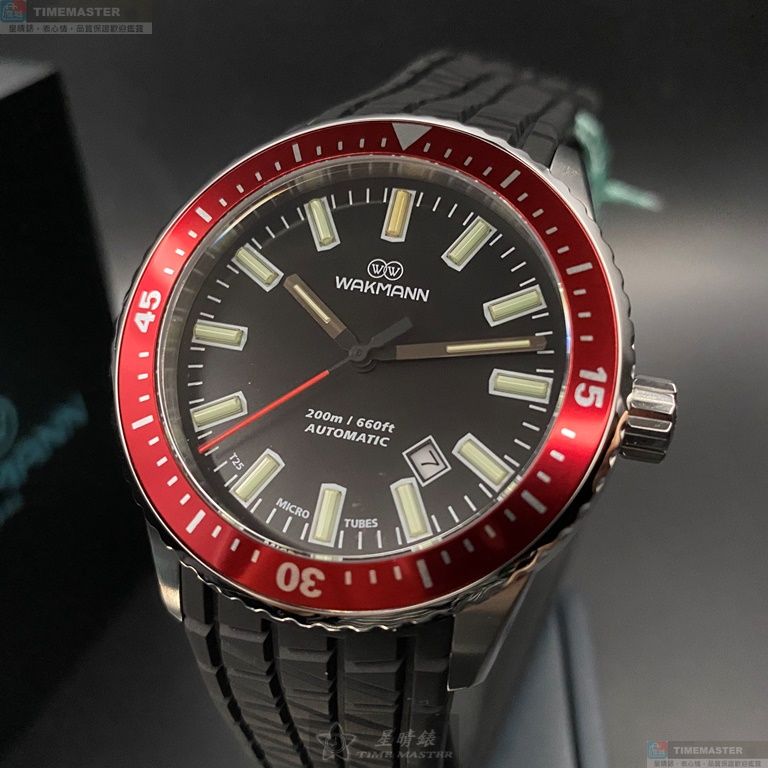 [星晴錶業]WAKMANN手錶,44mm,WA00008黑色錶面可樂圈錶殼深黑色矽膠錶帶款, , large