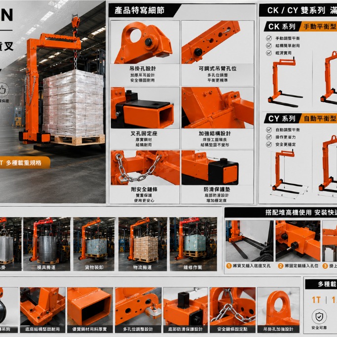 WIN五金 SONG WIN 松盈牌 CY吊臂式堆高機貨叉 自動平衡型 1T 1.5T 2T 堆高機吊臂 吊掛搬運 起重, , large
