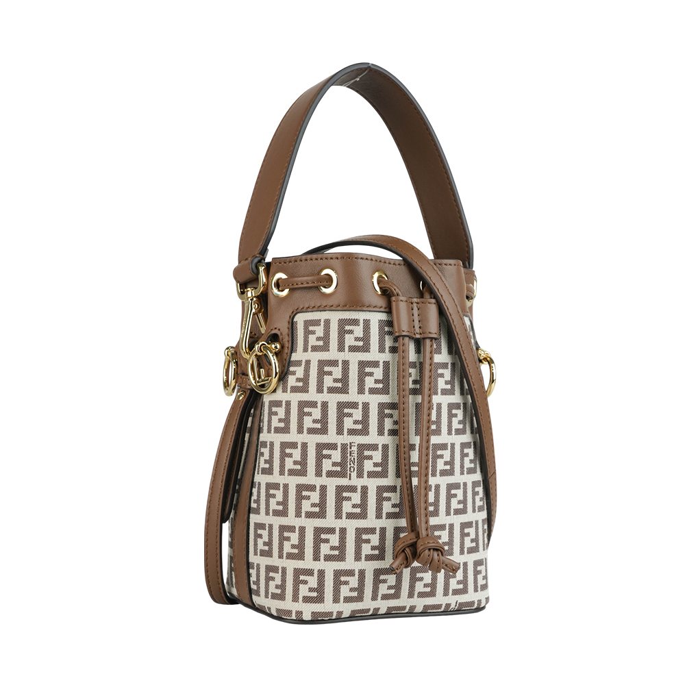 FENDI MON TRESOR FF LOGO 滿版標誌布質二用迷你水桶包/棕色, , large