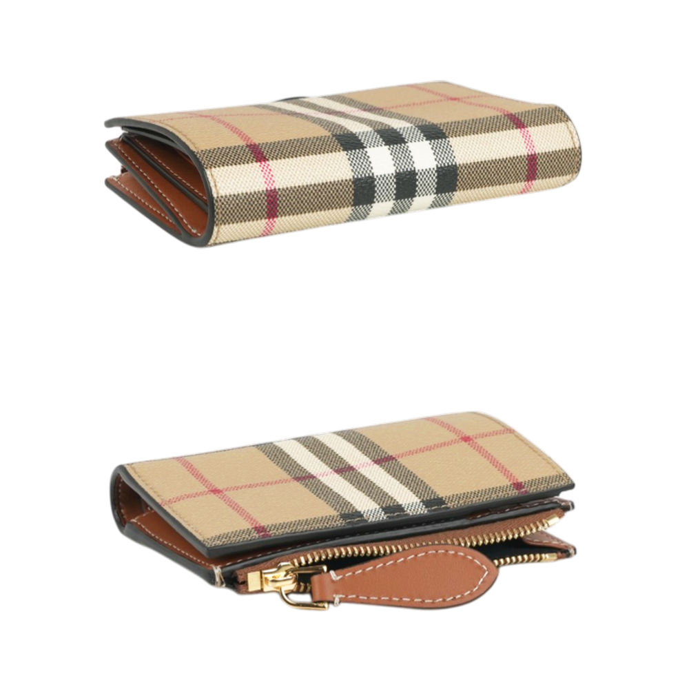 BURBERRY 格紋及小牛皮釦式二折短夾(經典米色/石楠木棕), , large