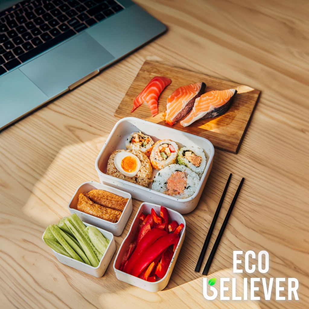 JC ECO BELIEVER 800ml Bento Box with 3 Removerable Compartments, Leak-Proof Silicone Container,Microwave, Dishwasher, Brown, , large