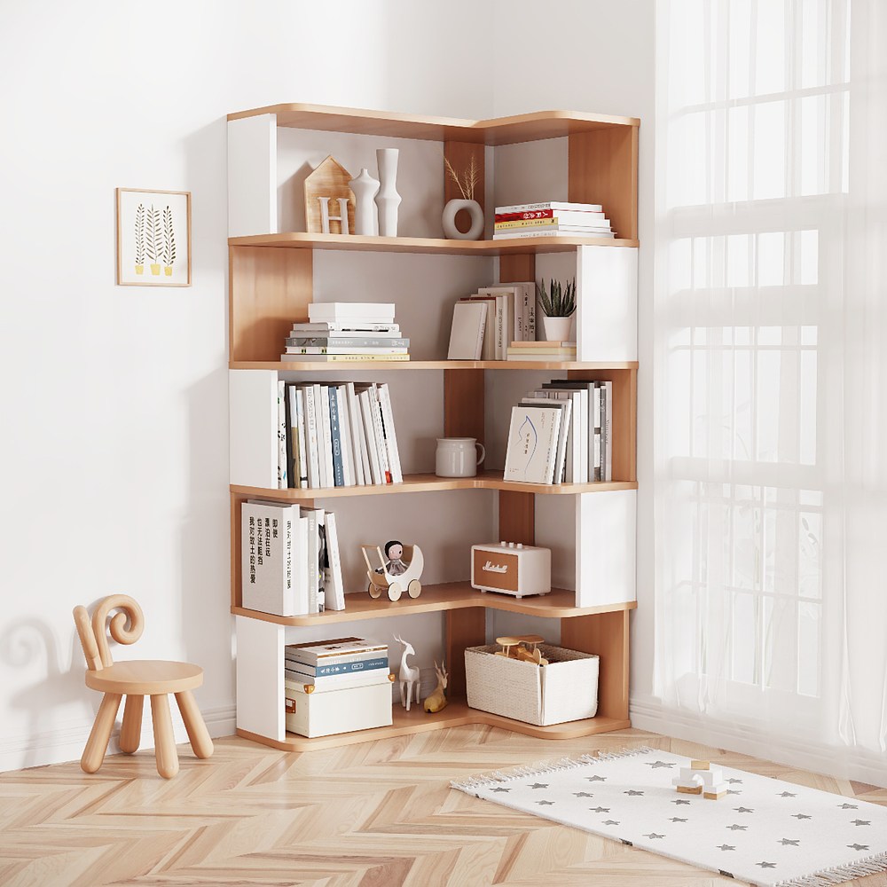 [Lele] L-shaped corner minimalist and practical bookshelf, two-tone natural wood + white, 5 shelves, 90x60 cm (solid wood bookshelf, shelf, storage rack), , large