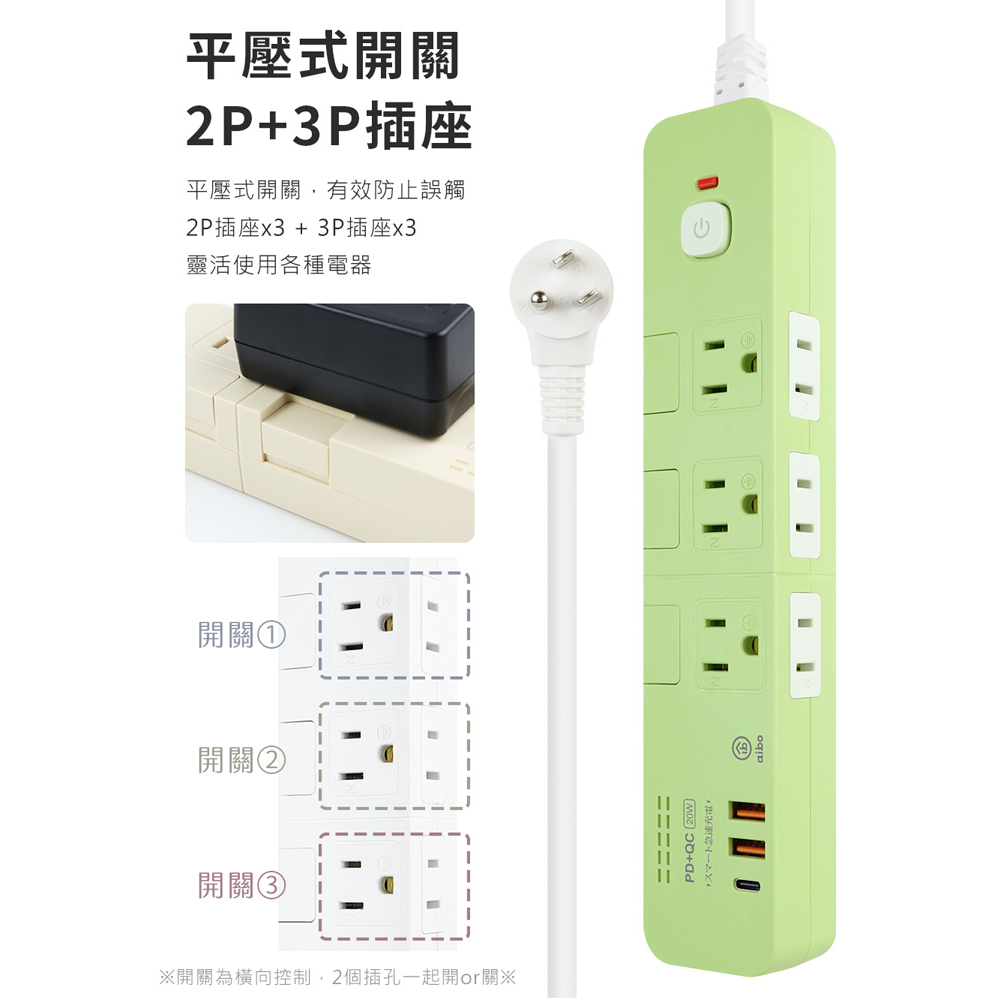 aibo 4切6座 平壓式 PD+QC雙快充 USB延長線 1.8米【現貨】 延長線 PD快充 PD延長線 安全延長線, , large