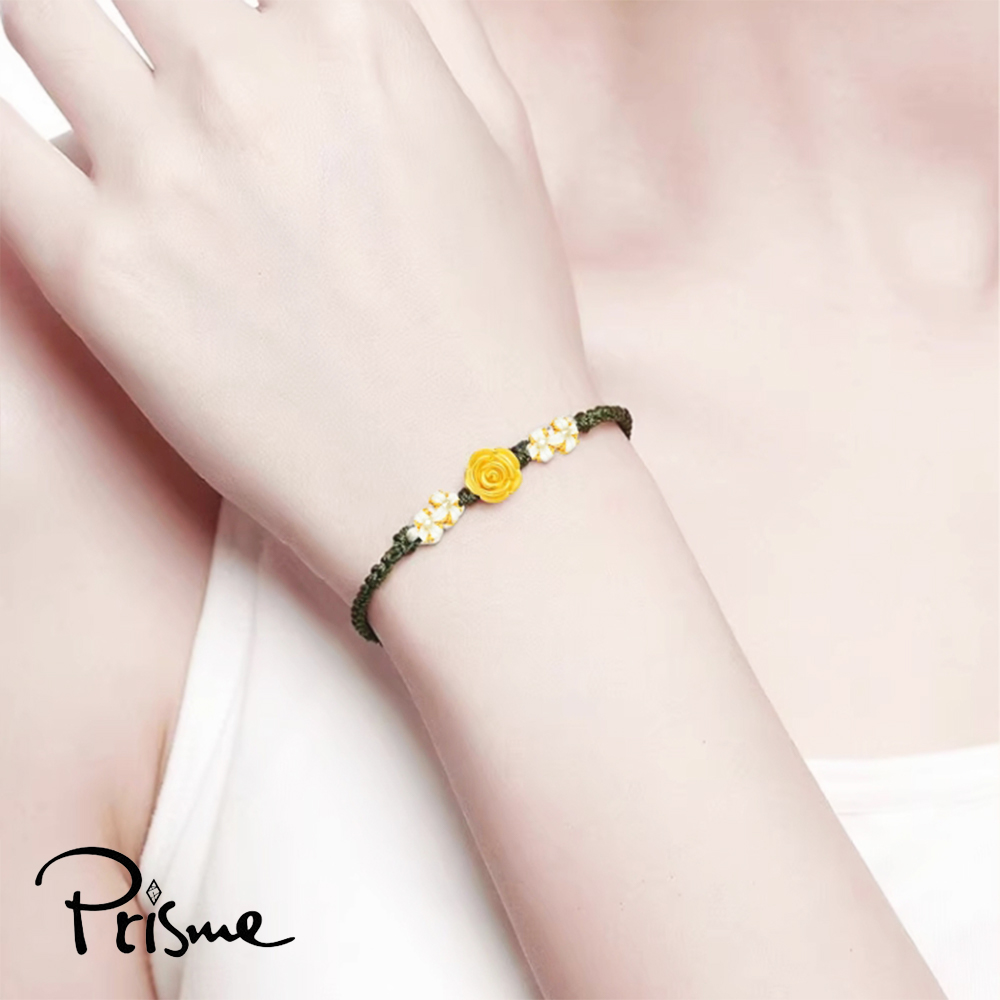 【Prisme Gold】黃金手鍊 玫瑰花 綠色編織手鍊 (金重：約0.05錢&plusmn;0.02), , large