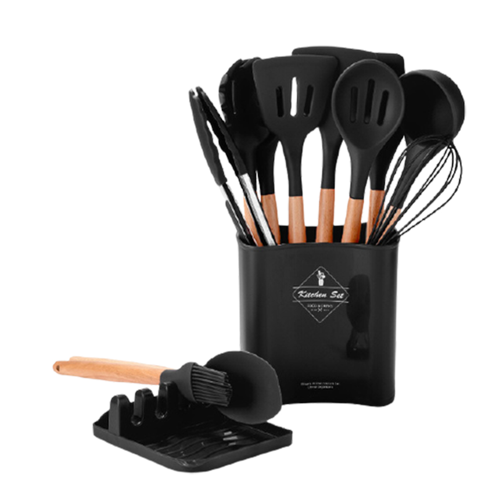 [High-Quality Living] Non-stick Silicone Pan and Spatula Set (12+1 Pieces) | Food Grade | Beechwood Kitchenware | Won't Damage Pans | Spatula Holder | Silicone Kitchenware | Kitchen | Pot Lid Rack Storage, , large