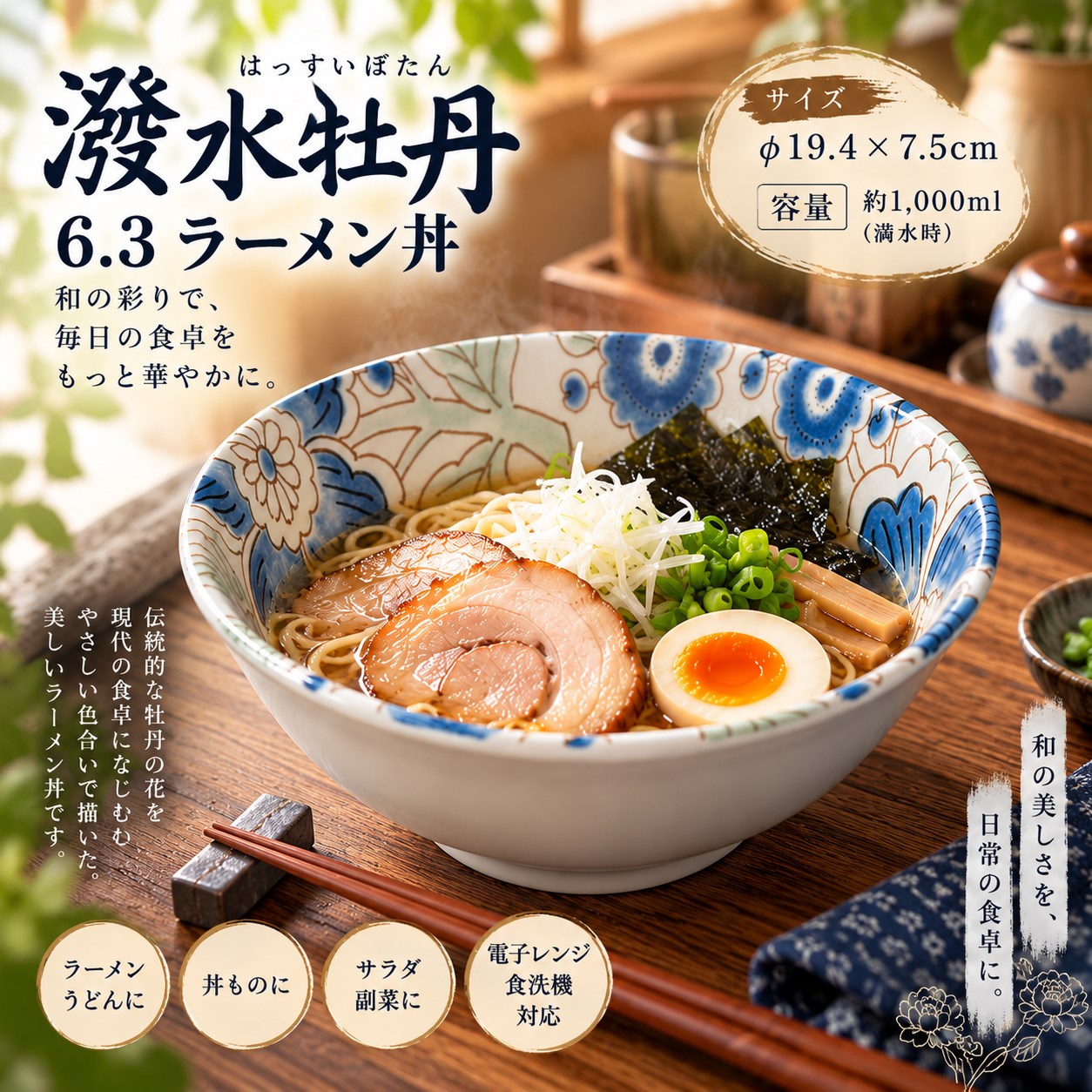 【HIYASU日安工坊】潑水牡丹6.3拉麵碗, , large