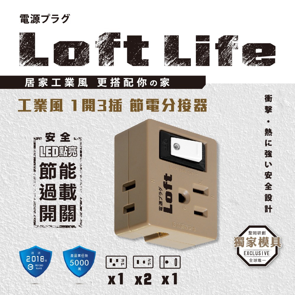 聖岡科技 工業風1開3插節電分接器 BSMI認證 LL-872S, , large