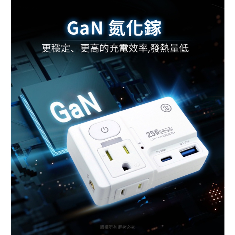 aibo GaN氮化鎵 高溫斷電智慧 1開2插 PD25W快充 USB壁插【現貨】平壓式 雙插座 雙快充 新安規, , large