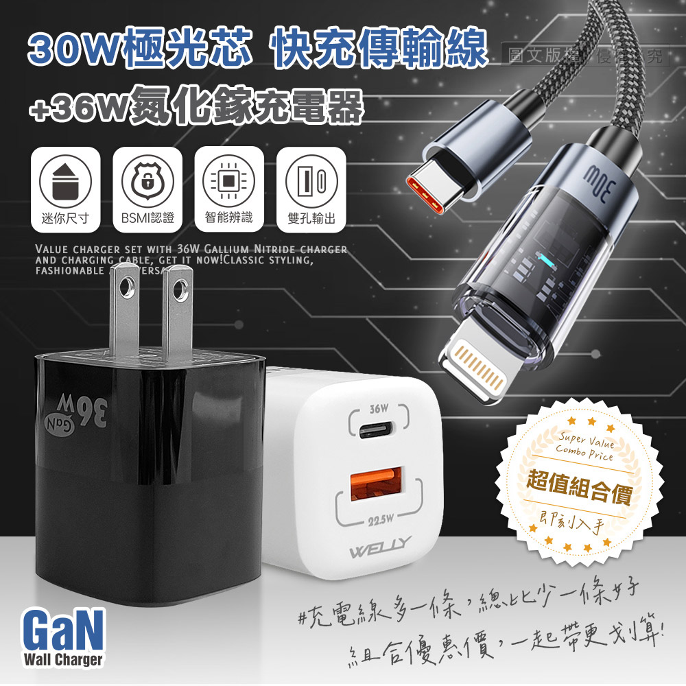 30W 極光芯 Type-C to Lightning 耐拉傳輸充電線+36W氮化鎵GaN 迷你雙孔充電器, , large