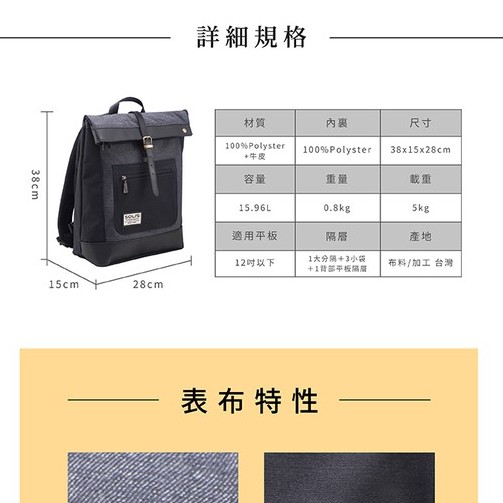 SOLIS 德克薩斯系列 12吋平板電腦後背包-牛仔黑, , large