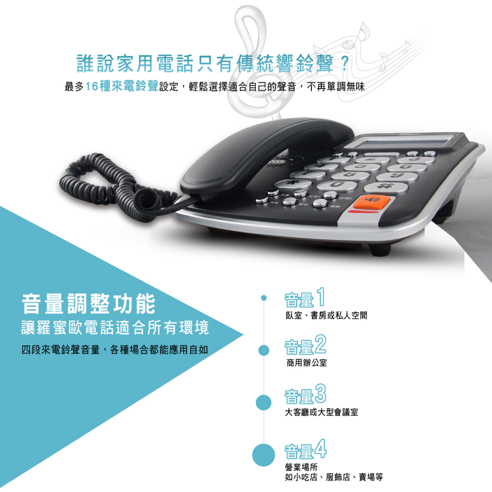 【羅蜜歐 ROMEO】 大螢幕來電顯示有線電話機TC-606N 銀邊黑, , large