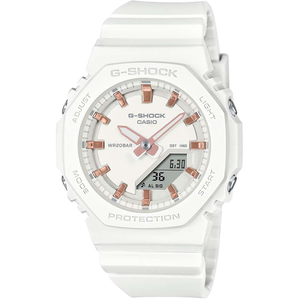 CASIO 卡西歐 G-SHOCK 優雅玫瑰金時標 八角雙顯手錶 520情人節 送禮-百搭白 GMA-P2100M-7A, , large