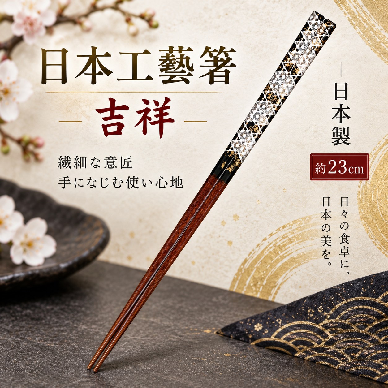 【HIYASU日安工坊】日本工藝箸-吉祥 23cm, , large