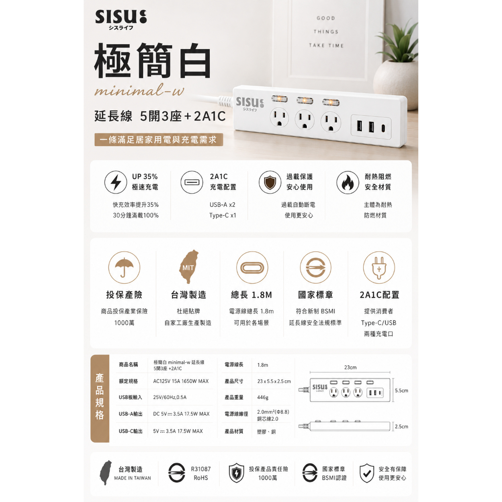 【台灣製造】熱銷款三插孔 極簡白  USB延長線 5開3座+2A1C 1.8M 扁頭插頭 獨立開關 熱銷A0001, , large