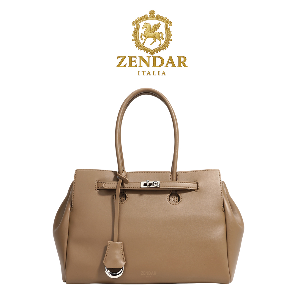 【ZENDAR】限量1折 頂級小牛皮手提包肩背包 葛蕾絲系列 全新專櫃展示品(杏仁棕), , large
