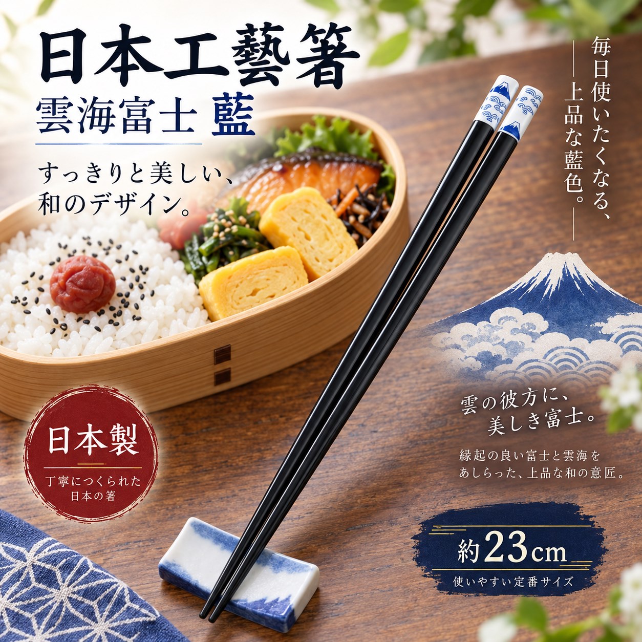 【HIYASU日安工坊】日本工藝箸-雲海富士 藍 23cm, , large