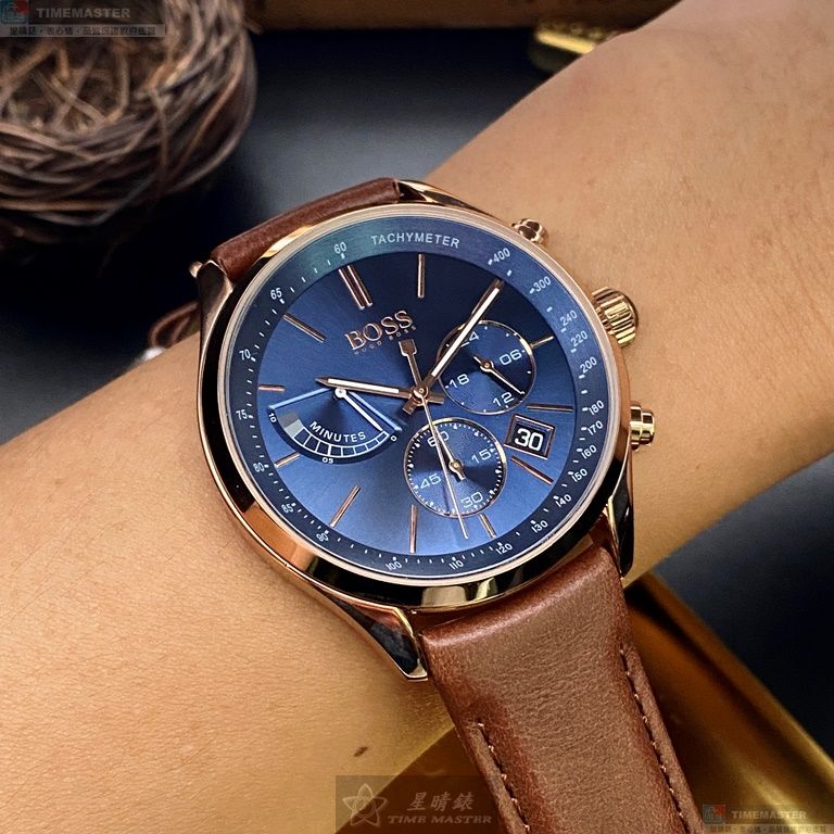 [星晴錶業]BOSS手錶,44mm,HB1513604寶藍色錶面玫瑰金錶殼咖啡色真皮皮革錶帶款, , large