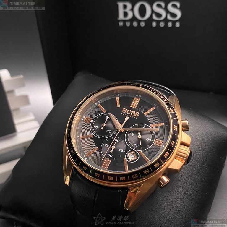 [星晴錶業]BOSS手錶,44mm,HB1513092黑色錶面玫瑰金錶殼深黑色真皮皮革錶帶款, , large