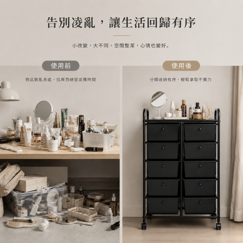 【Roomix】10層移動式抽屜收納車 空間救星 台灣製 黑色置物架 辦公活動櫃 美容美甲推車 玩具收納箱 文件櫃  (附輪/DIY), , large