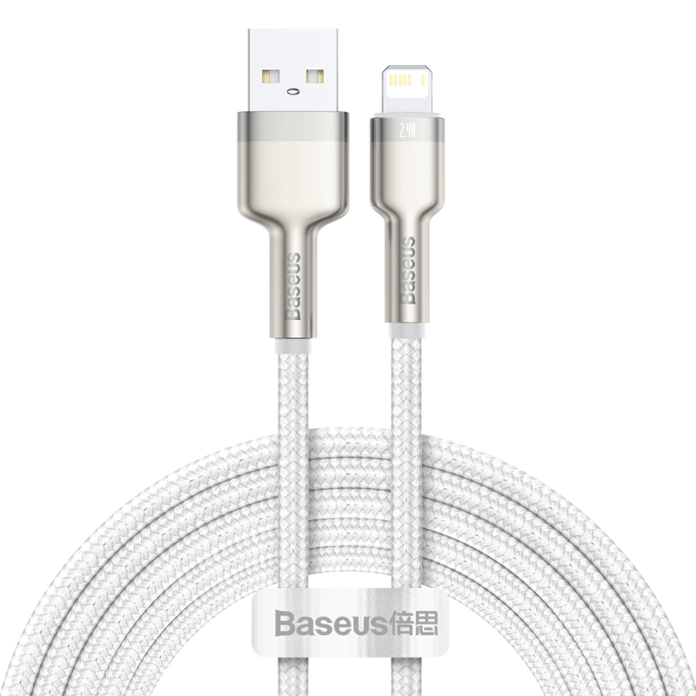 【BASEUS】2.4A Cafule Series Metal Data Cable USB to Lightning 200cm White Color, 白色, large