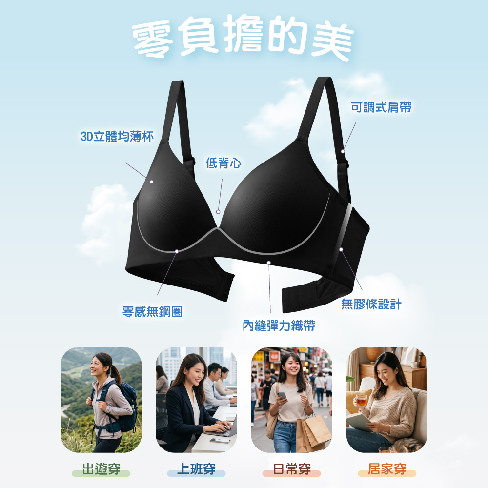 可蘭霓Clany 台灣製吸濕排汗無痕無鋼圈美型 S-2XL 減壓內衣 黑色 6961-63, , large