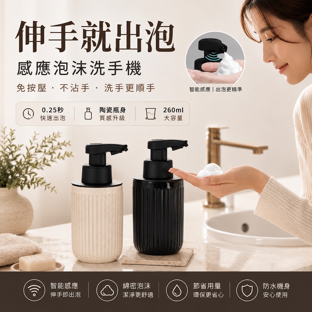 陶瓷慕斯瓶【3色可選】 感應出泡 自動感應慕斯瓶 稀釋可用 陶瓷分裝瓶 泡沫分裝瓶 補充瓶 洗手乳分裝瓶 慕斯瓶 分裝瓶, , large
