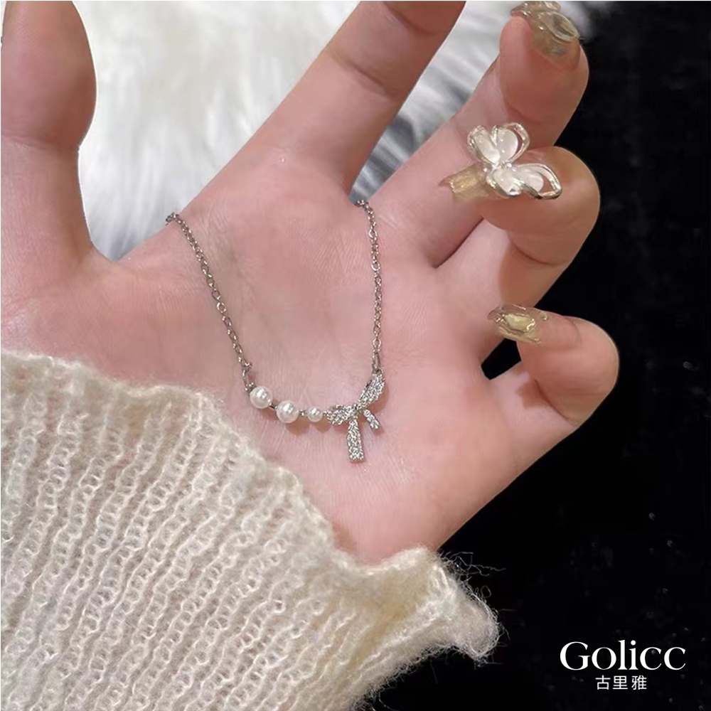 【Gulicc】古莉可 項鍊 氣質 蝴蝶結 珍珠鎖骨鍊 項鍊, , large