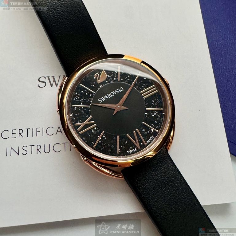 [星晴錶業]SWAROVSKI手錶,34mm,SW00021黑色錶面玫瑰金錶殼深黑色真皮皮革錶帶款, , large