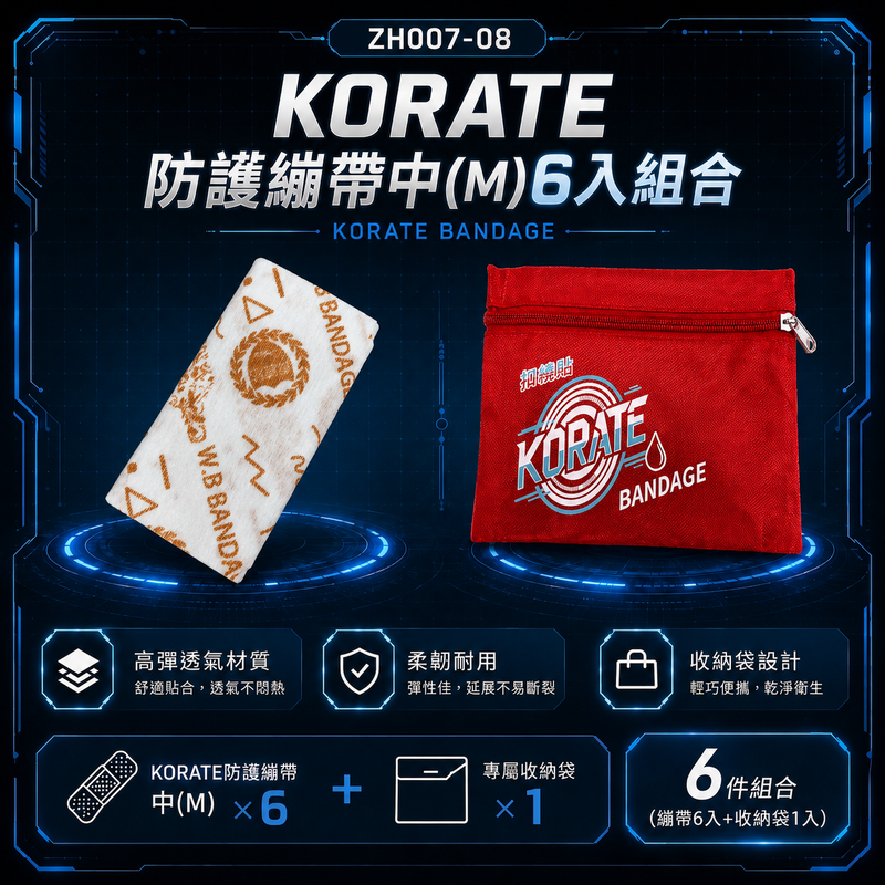 【淞康彈性繃帶(未滅菌)】ZH007-08- KORATE防護繃帶中(M)6入組合-扣繞貼彈力防護繃帶(M號*6)、隨身包*1, , large