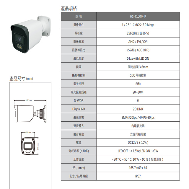 昌運監視器 昇銳 HS-T100JF-P 500萬 日夜全彩高規格攝影機 同軸帶聲 有MIC 暖光20-30M, , large