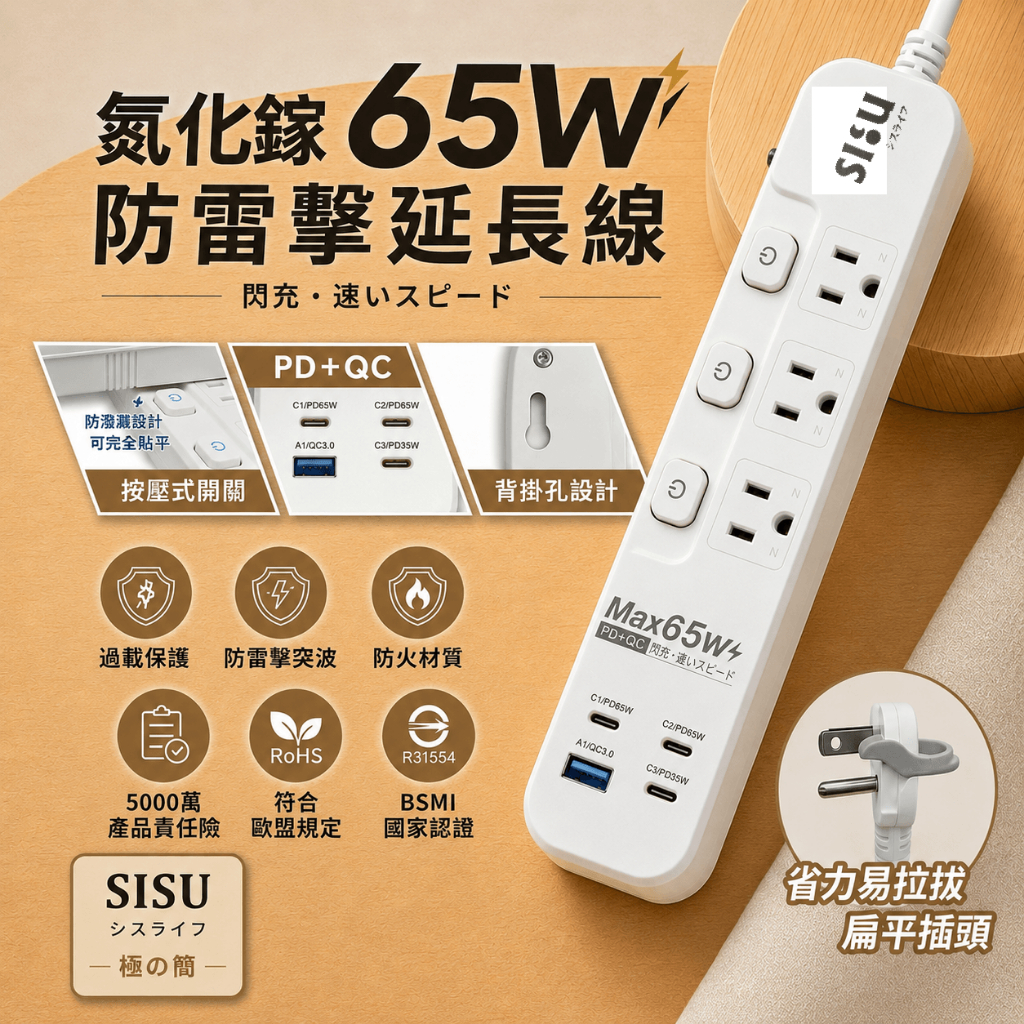 【SISU 極の簡】65W PD快充延長線｜GaN氮化鎵｜3開3座＋4USB｜BSMI認證｜1.2/1.8/2.7M, , large