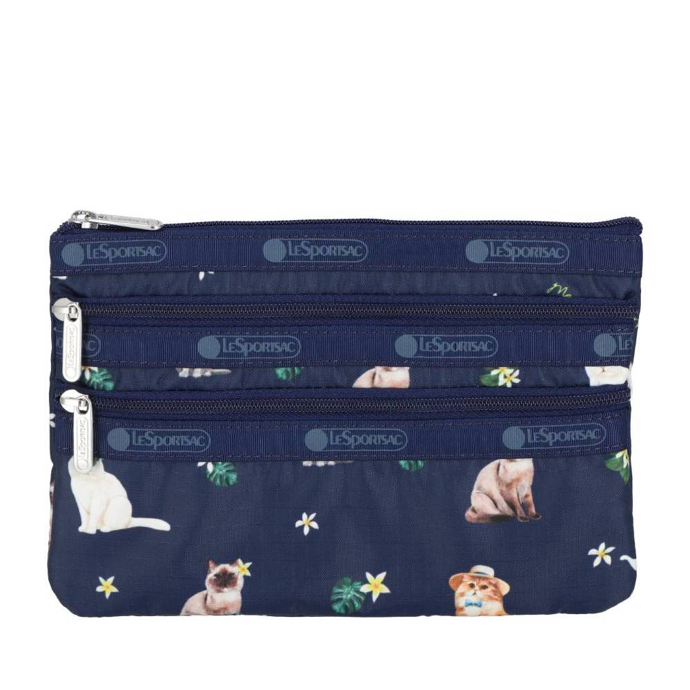 Lesportsac 3-Zip Cosmetic 三層拉鍊化妝包 收納包 盥洗包 女包 男包(熱帶度假貓咪), , large
