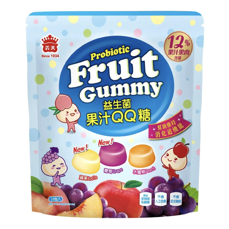 義美 益生菌果汁QQ糖 蘋果/葡萄/水蜜桃 (40gX18包), , large